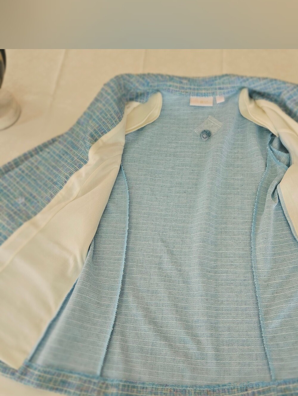 Belle by Kim Gravel Blue Tweed Double-Breasted Blazer Raw Hem Fringe S - Picture 16 of 16